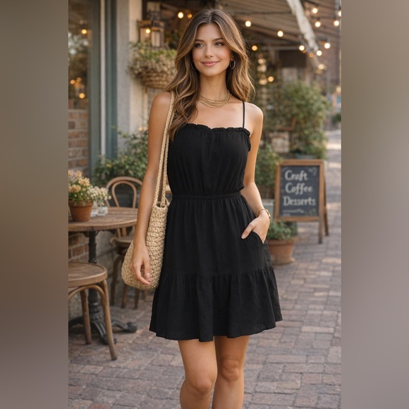 Express Dresses & Skirts - EXPRESS Black Crinkle Gauze Cinched Waist Tiered Cami Dress M NEW